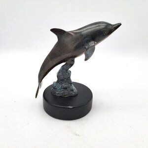 Bronze Leaping Dolphin Sculpture On Black Base